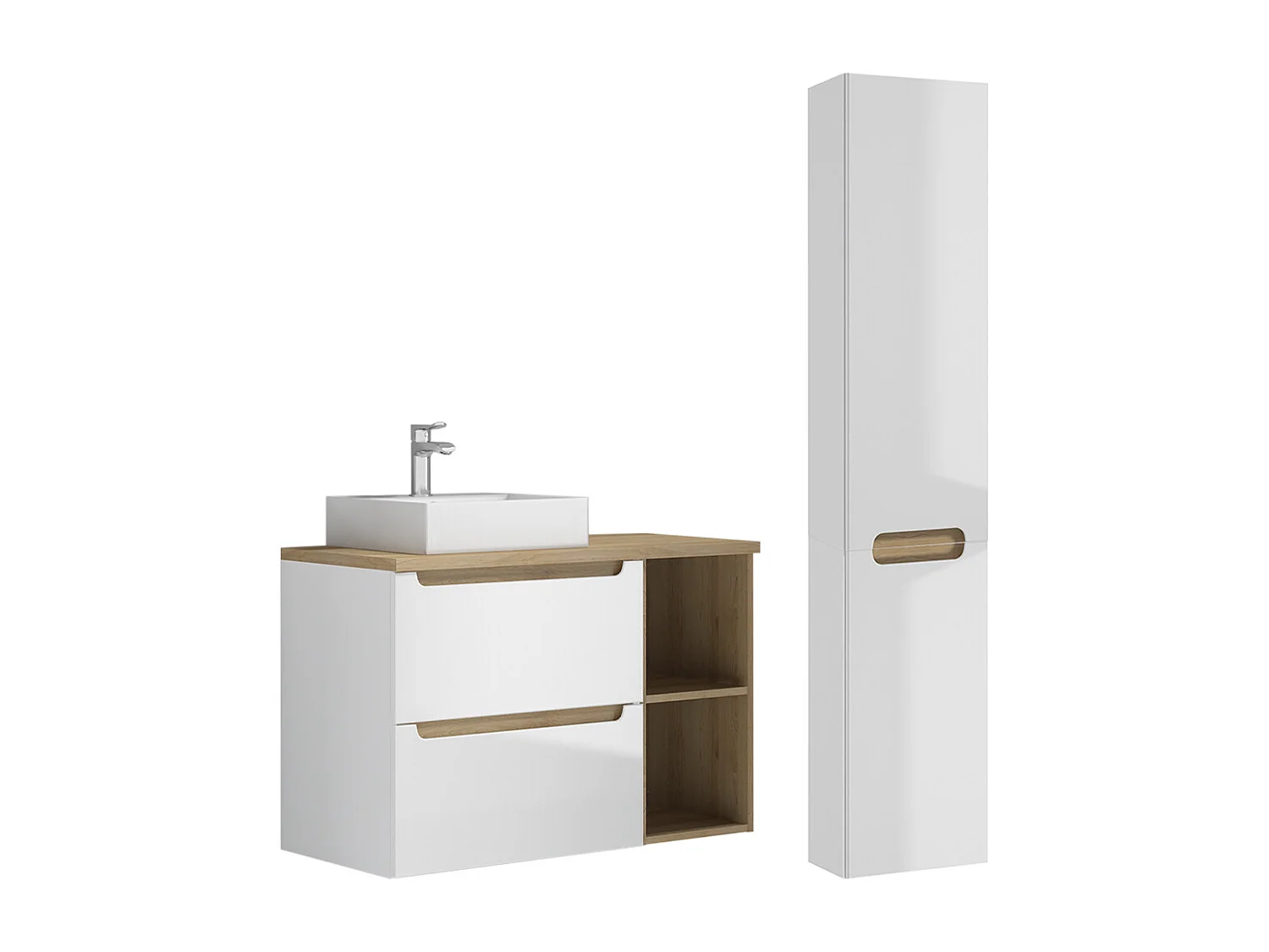 Ensemble meuble simple vasque 90cm 2 niches et colonne Livia Blanc et Bois