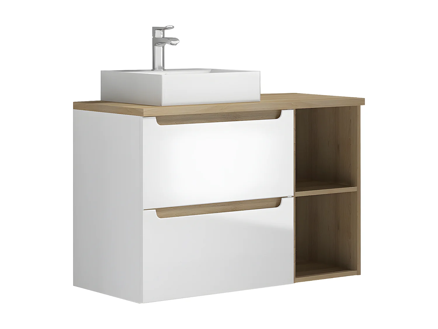 Ensemble meuble simple vasque 90cm 2 niches et colonne Livia Blanc et Bois