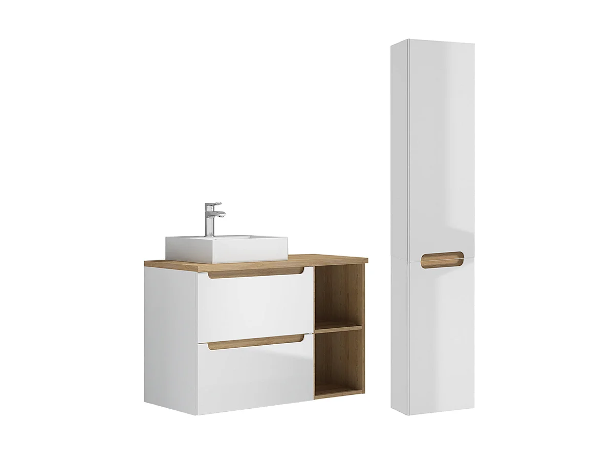 Ensemble meuble simple vasque 90cm 2 niches et colonne Livia Blanc et Bois