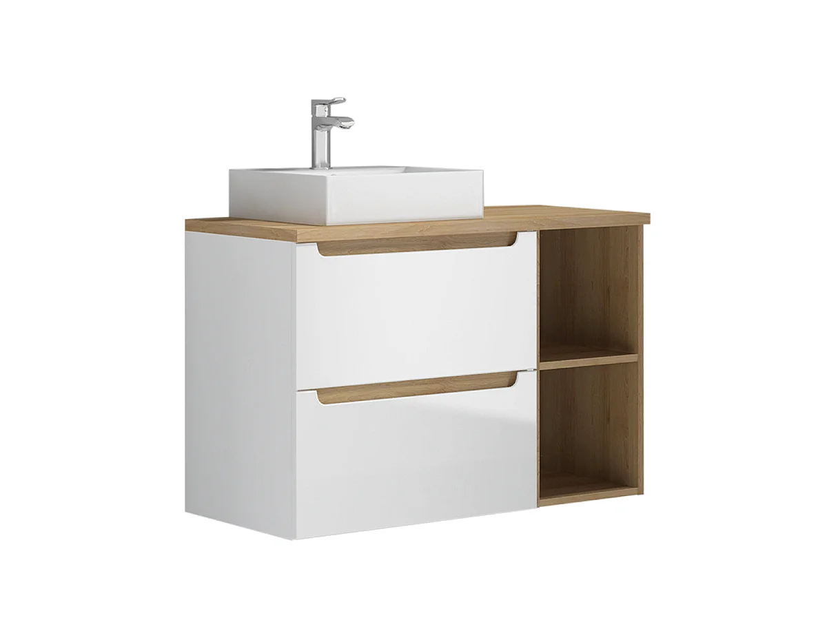 Ensemble meuble simple vasque 90cm 2 niches et colonne Livia Blanc et Bois