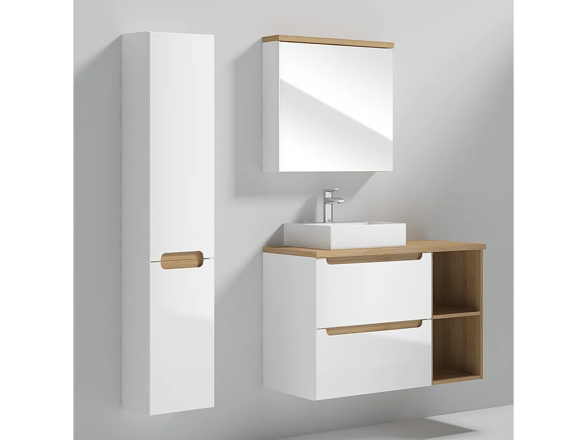 Livia white and wood single vanity unit 90cm 2 niches and pedestal