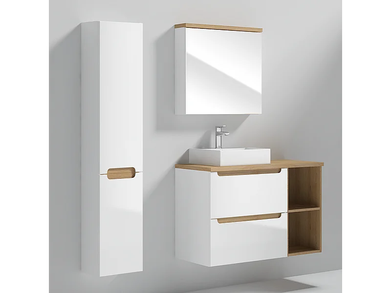 Ensemble meuble simple vasque 90cm 2 niches et colonne Livia Blanc et Bois