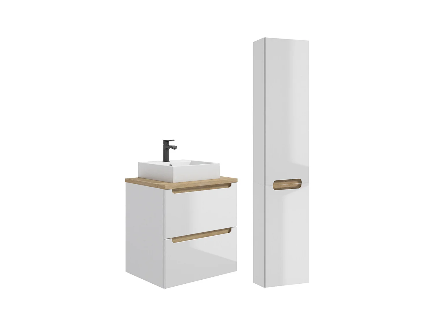 Ensemble meuble simple vasque 60cm 2 tiroirs et colonne Livia Blanc et Bois