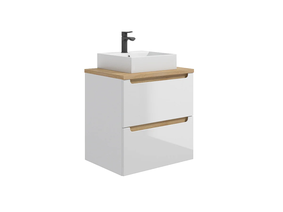 Meubelset met enkele wastafel (60 cm), 2 lades en een hoge kast – Livia, wit en hout