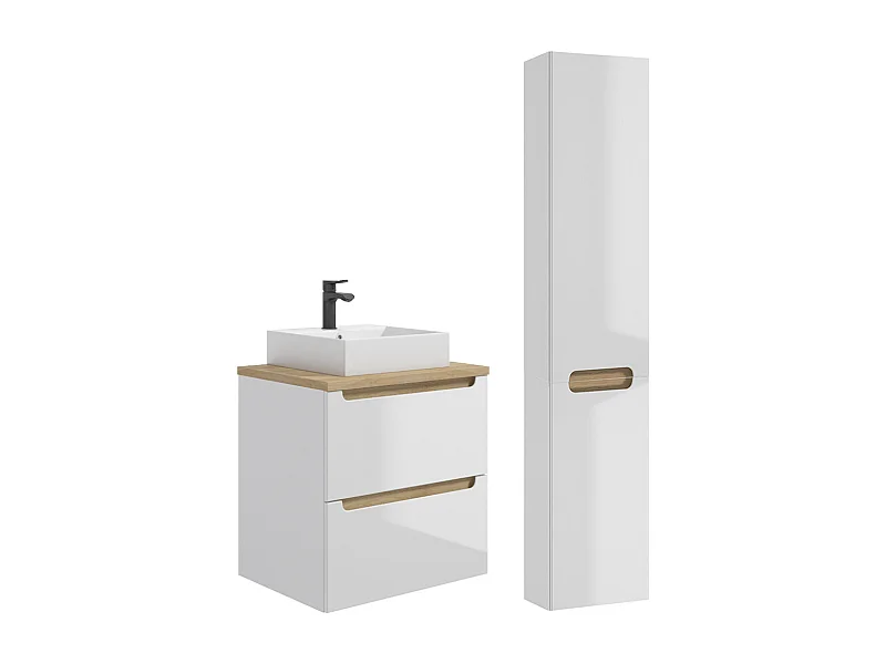 Conjunto de muebles con lavabo individual 60cm 2 cajones y columna Livia Blanco y Madera