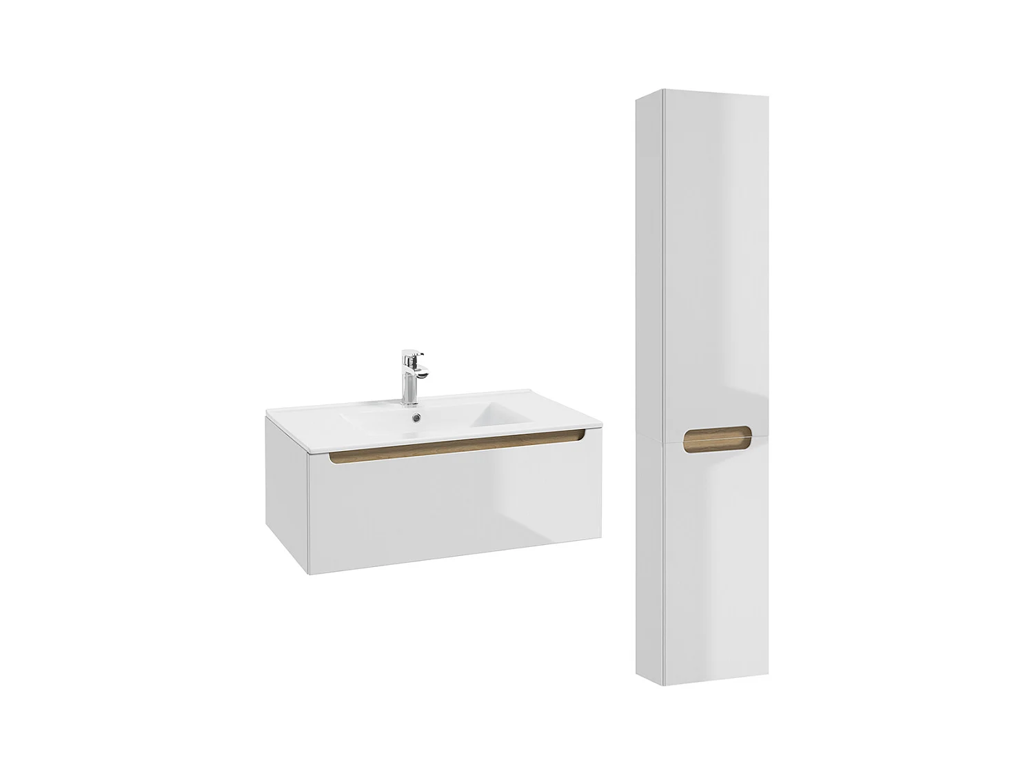 Ensemble meuble simple vasque encastrée 80cm 1 tiroir et colonne Livia Blanc et Bois