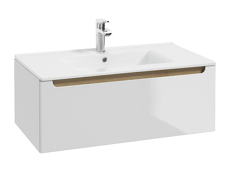Ensemble meuble simple vasque encastrée 80cm 1 tiroir et colonne Livia Blanc et Bois