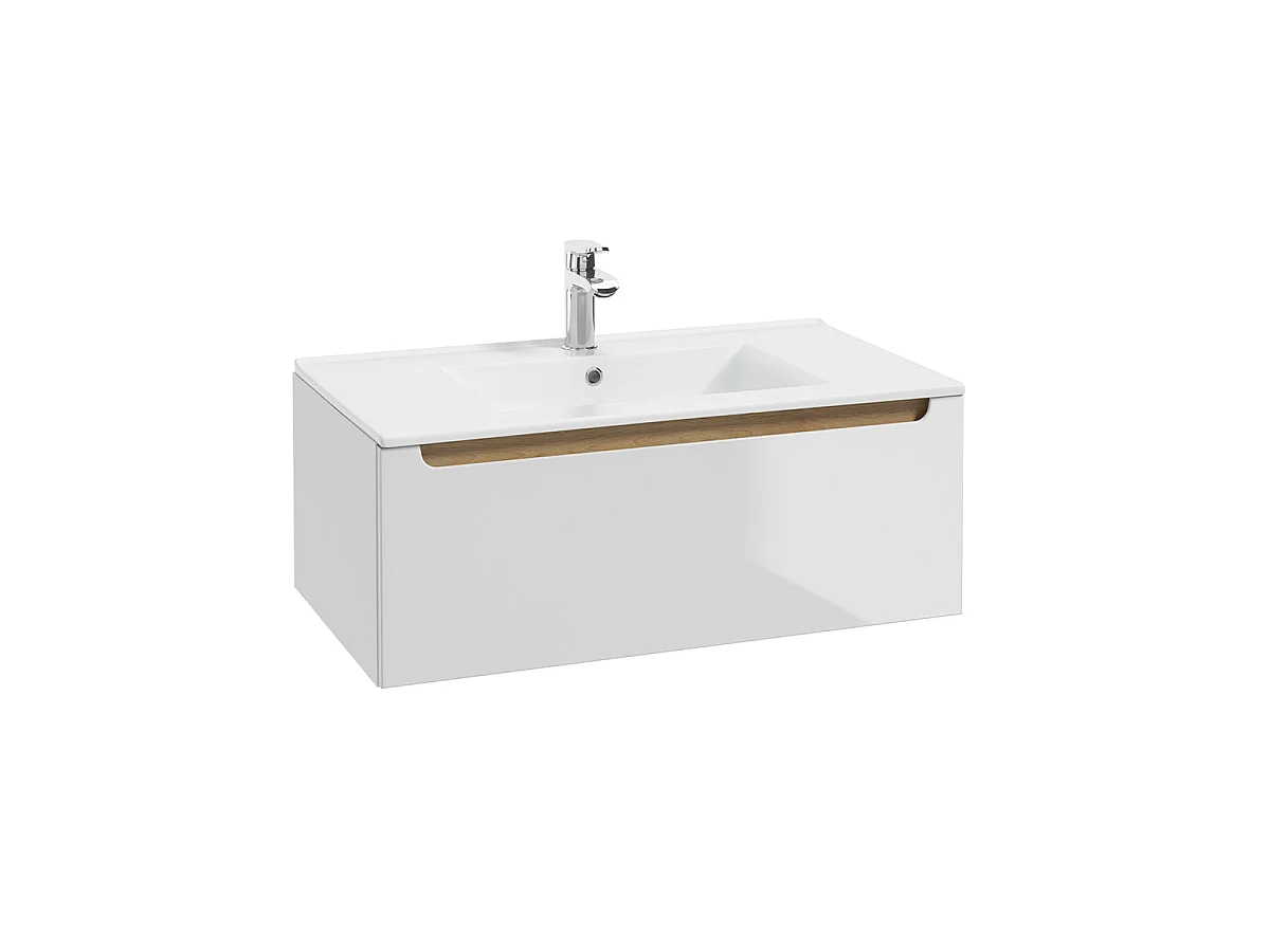 Ensemble meuble simple vasque encastrée 80cm 1 tiroir et colonne Livia Blanc et Bois