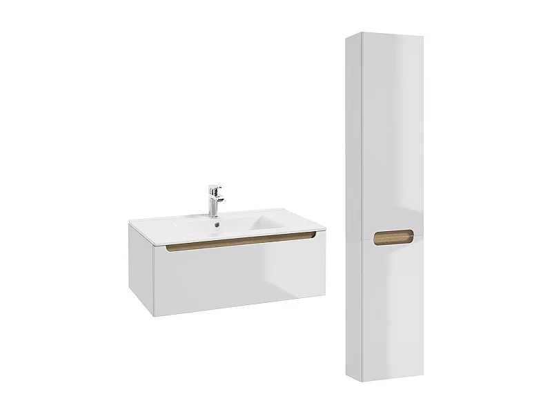 80cm enkele wastafel met 1 lade en Livia sokkel in wit en hout