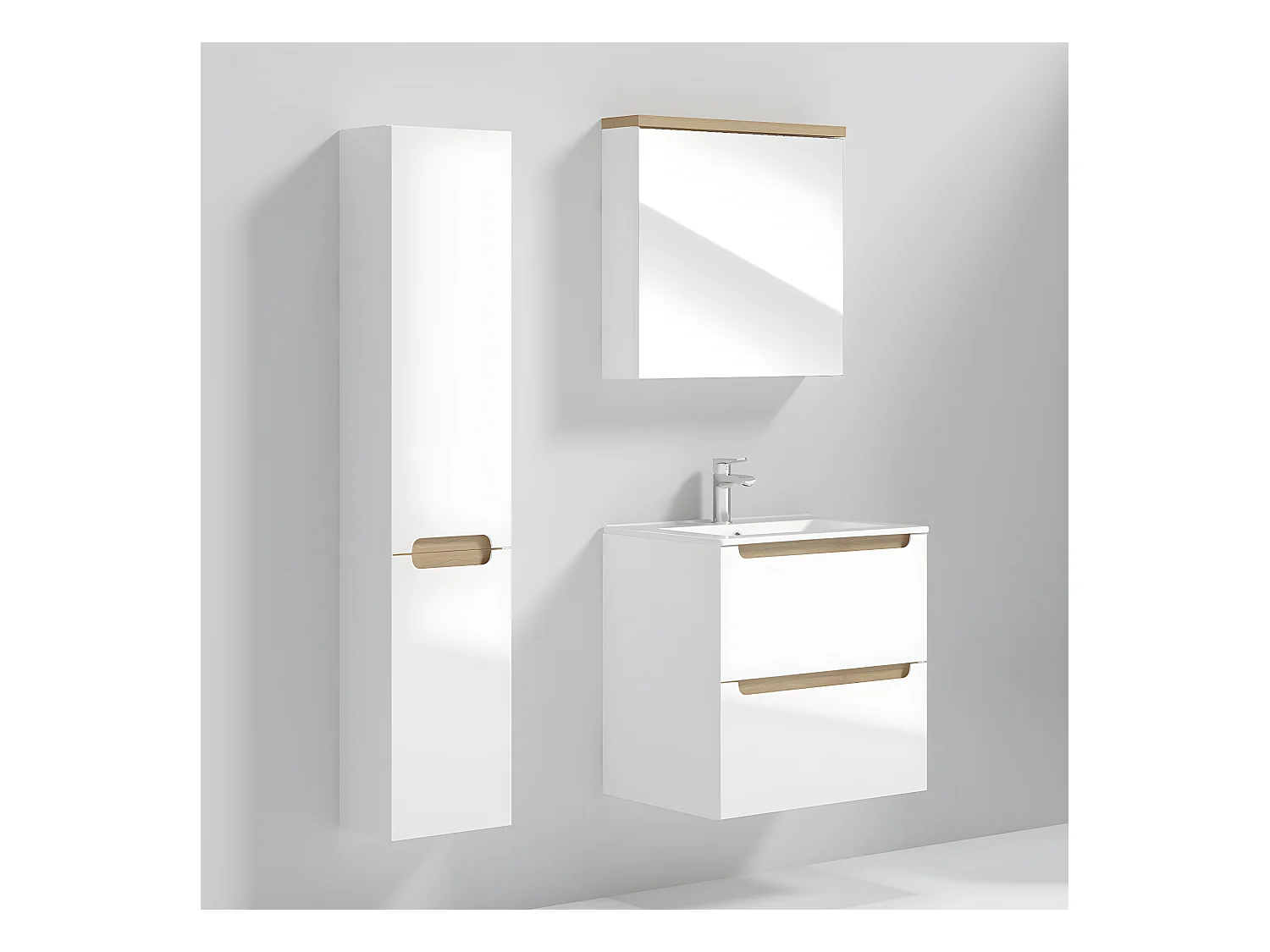 Ensemble meuble simple vasque encastrée 60cm 2 tiroirs et colonne Livia Blanc et Bois