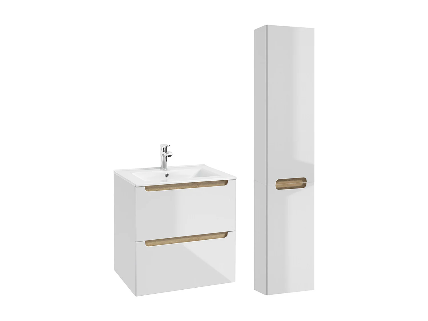 Möbelset Einzelwaschtisch 60cm mit 2 Schubladen und Säule Livia Weiß und Holz