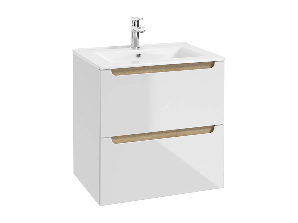Möbelset Einzelwaschtisch 60cm mit 2 Schubladen und Säule Livia Weiß und Holz
