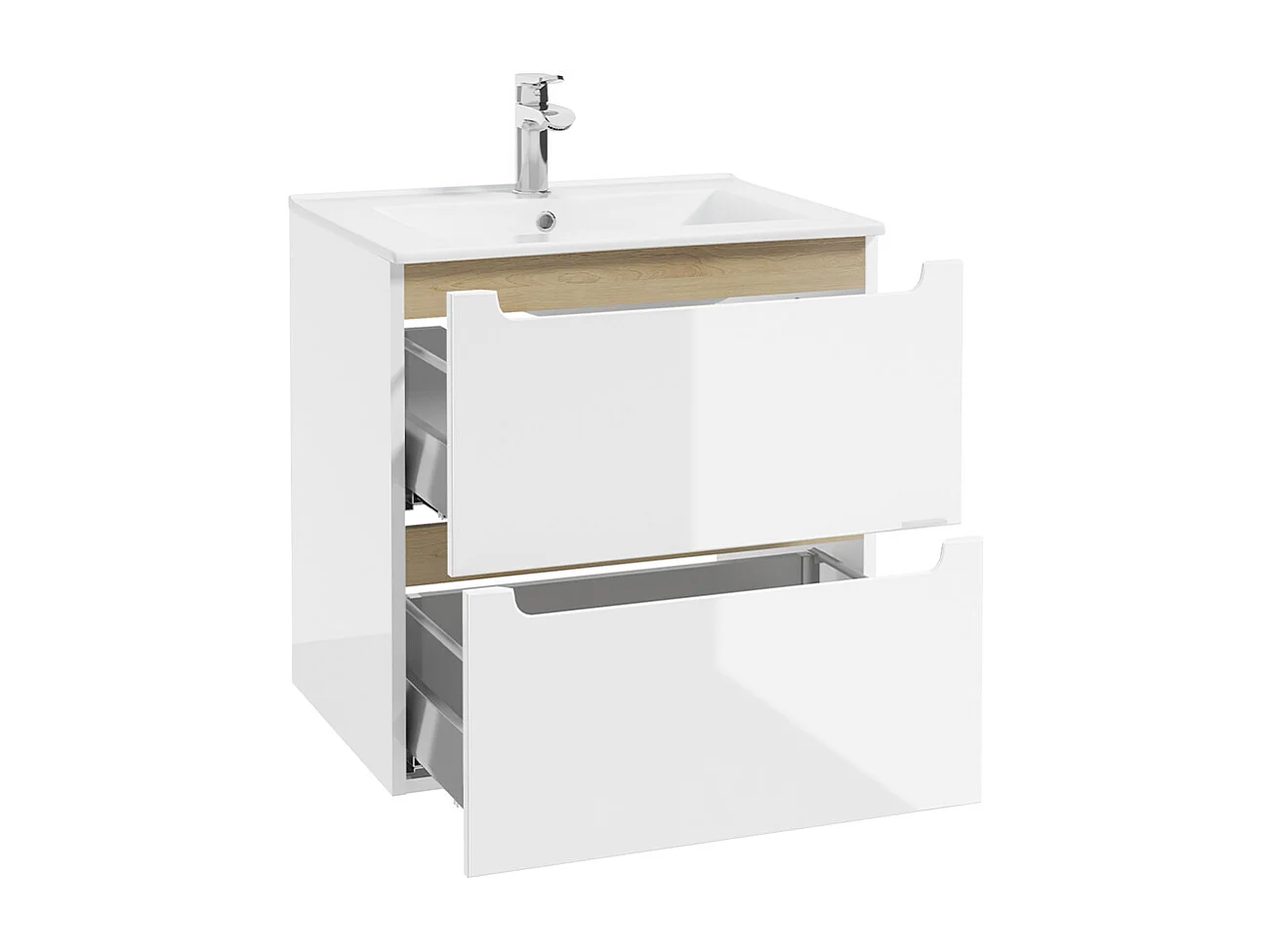 Möbelset Einzelwaschtisch 60cm mit 2 Schubladen und Säule Livia Weiß und Holz