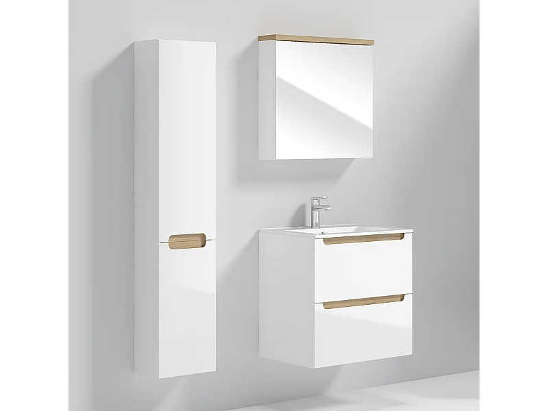 Ensemble meuble simple vasque encastrée 60cm 2 tiroirs et colonne Livia Blanc et Bois
