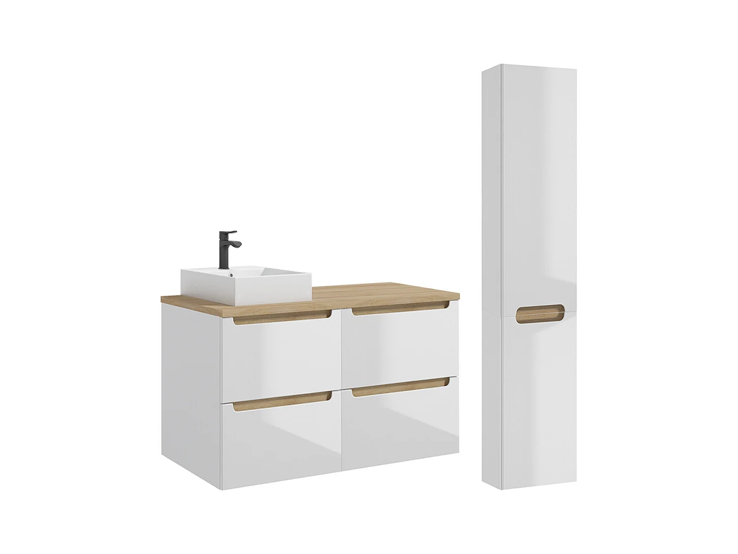 Ensemble meuble simple vasque 120cm 4 tiroirs et colonne Livia Blanc et Bois
