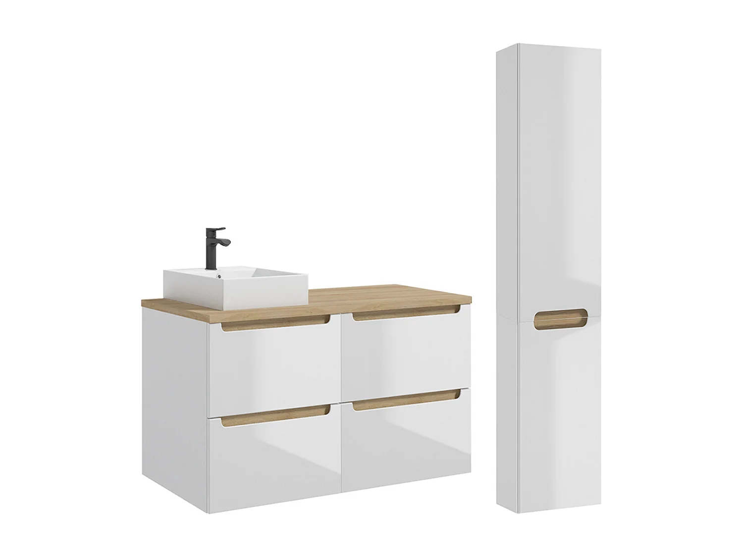 Ensemble meuble simple vasque 120cm 4 tiroirs et colonne Livia Blanc et Bois