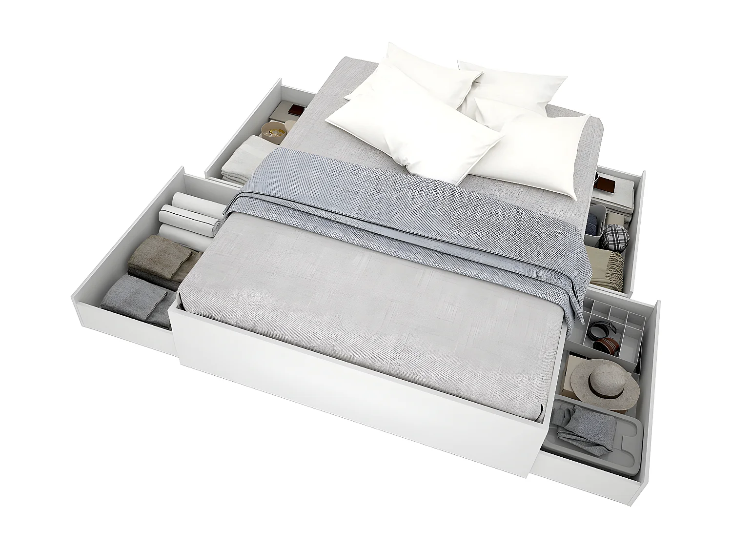 Ensemble de structure de lit + 4 tiroirs, couchage 140x190 cm coloris blanc - Longueur 148 x Profondeur 194 x Hauteur 39 cm