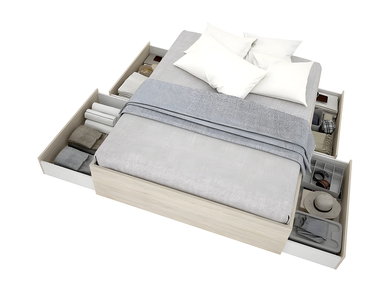 Ensemble de structure de lit + 4 tiroirs, couchage 140x190 cm coloris chêne naturel - Longueur 148 x Profondeur 194 x Hauteur 39 cm