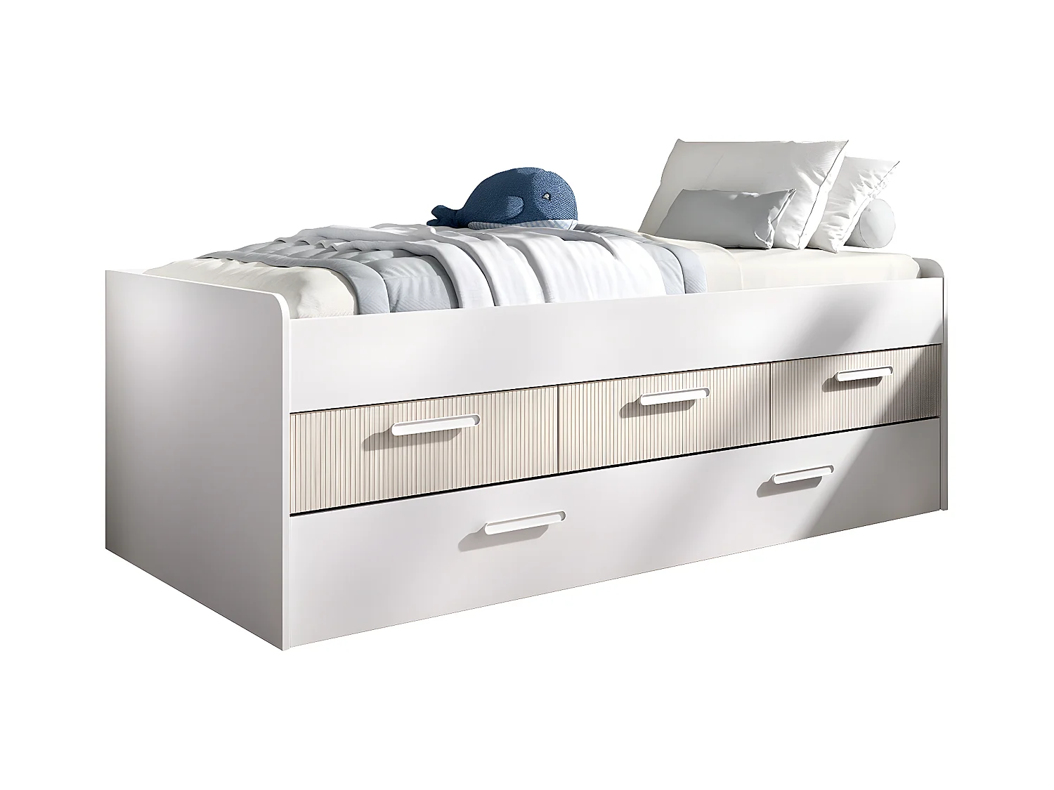 Lit enfant en bois coloris imitation lamelles, blanc  - Longueur 194 x Profondeur 95 x Hauteur 67 cm