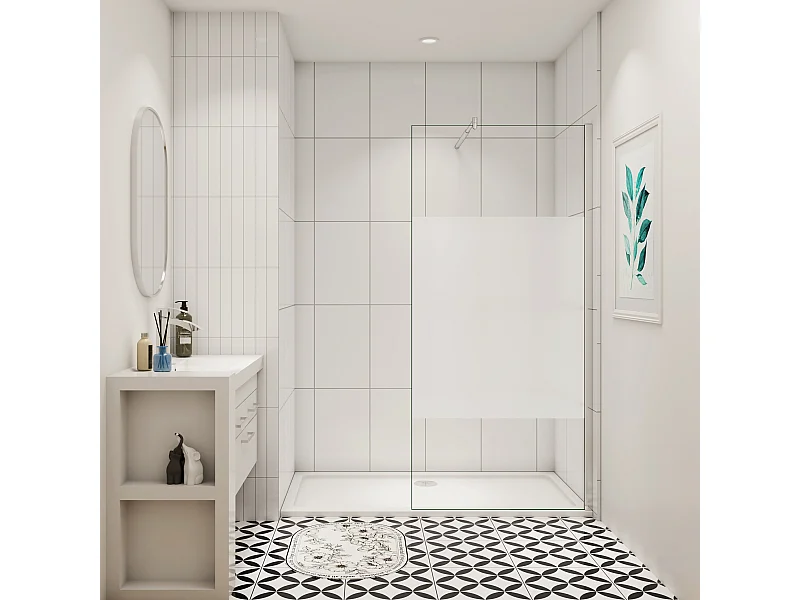 120x200cm Duschabtrennung Walk In 8mm Nano ESG Milchglasstreifen Duschabtrennung + 70-120cm Stabilisator