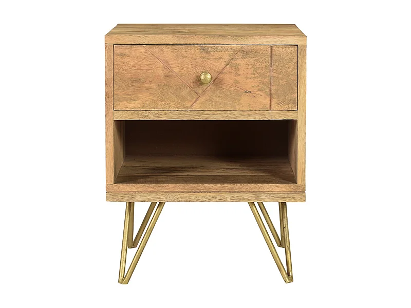 Mesilla de noche de madera de mango macizo tallada y metal dorado LINIUM