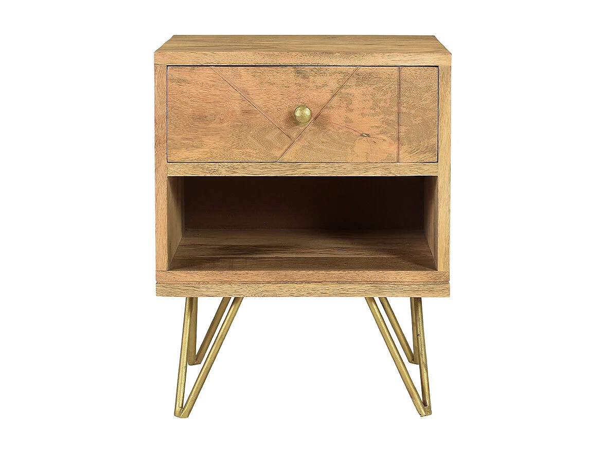 Mesilla de noche de madera de mango macizo tallada y metal dorado LINIUM