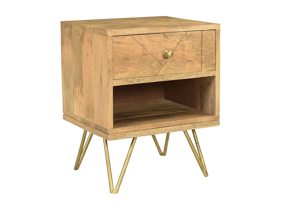 Mesilla de noche de madera de mango macizo tallada y metal dorado LINIUM