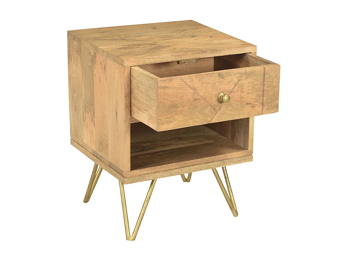 Mesilla de noche de madera de mango macizo tallada y metal dorado LINIUM