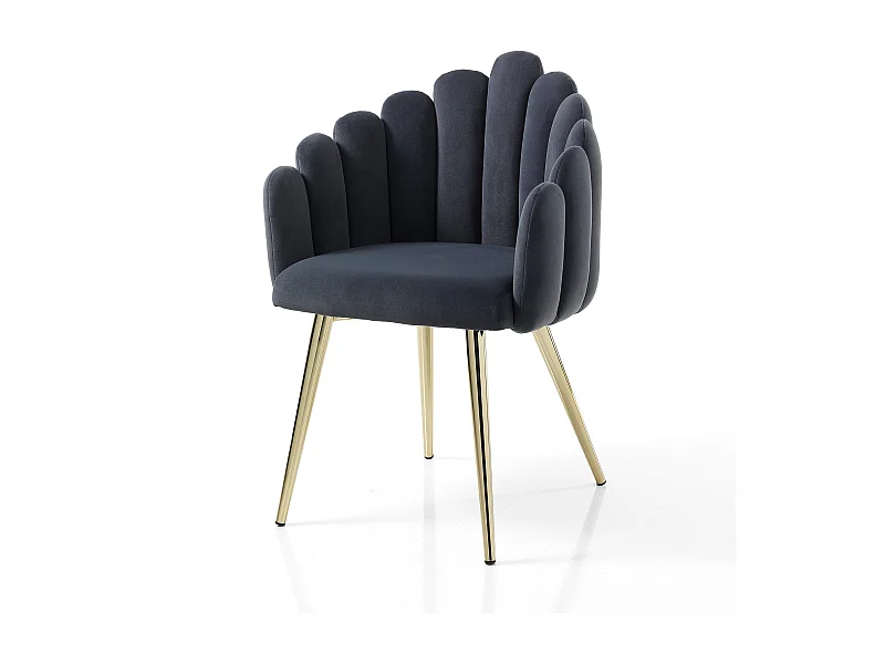 Design-Vintage-Stuhl in Muschelform, grauer Samt, goldene Beine, Modell Ville