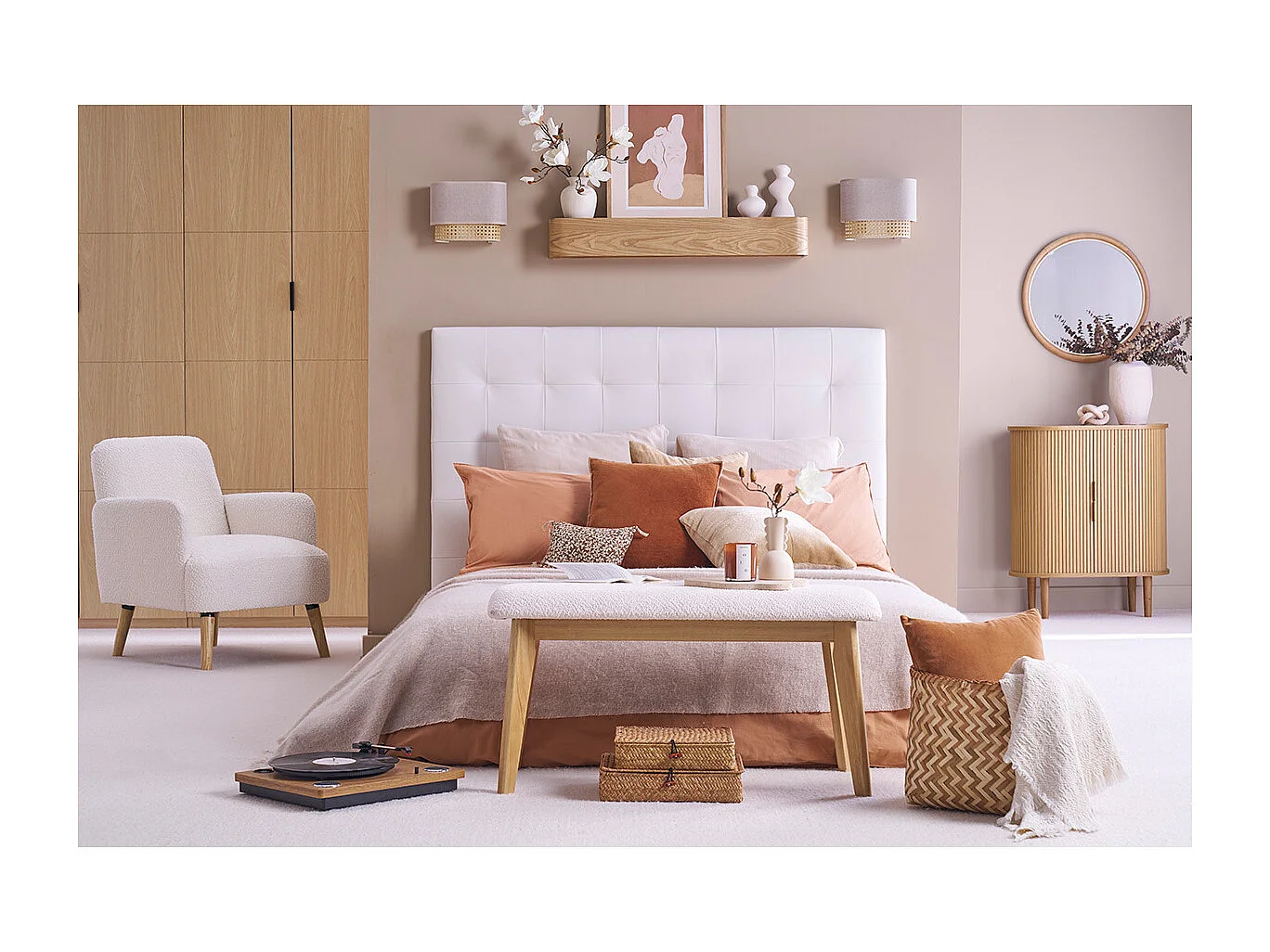 Panca scandinava in tessuto effetto lana bouclé bianco e legno chiaro L92 cm ELION