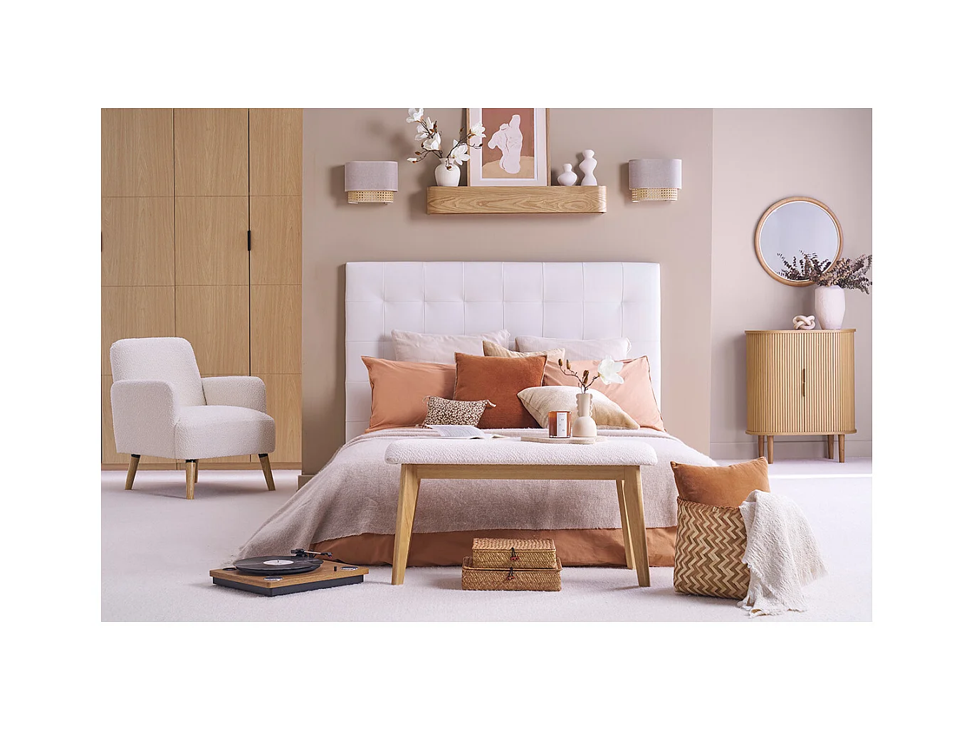 Banco nórdico de borreguillo blanco y madera clara 92 cm ELION