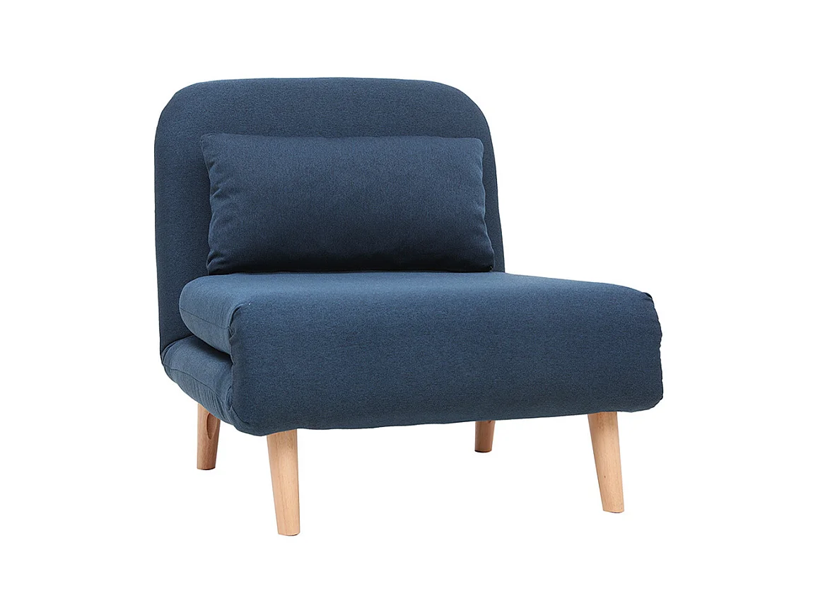 Fauteuil convertible scandinave en tissu bleu foncé et bois clair AMIKO