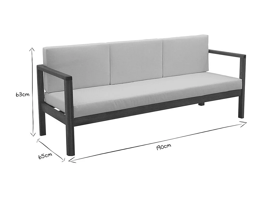 Canapé de jardin 3 places en bois massif et coussins déhoussables taupe L190 cm AKIS