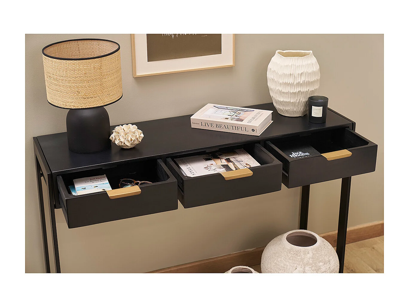 Consolle design con cassetti nero e oro L115 cm AVIDAN