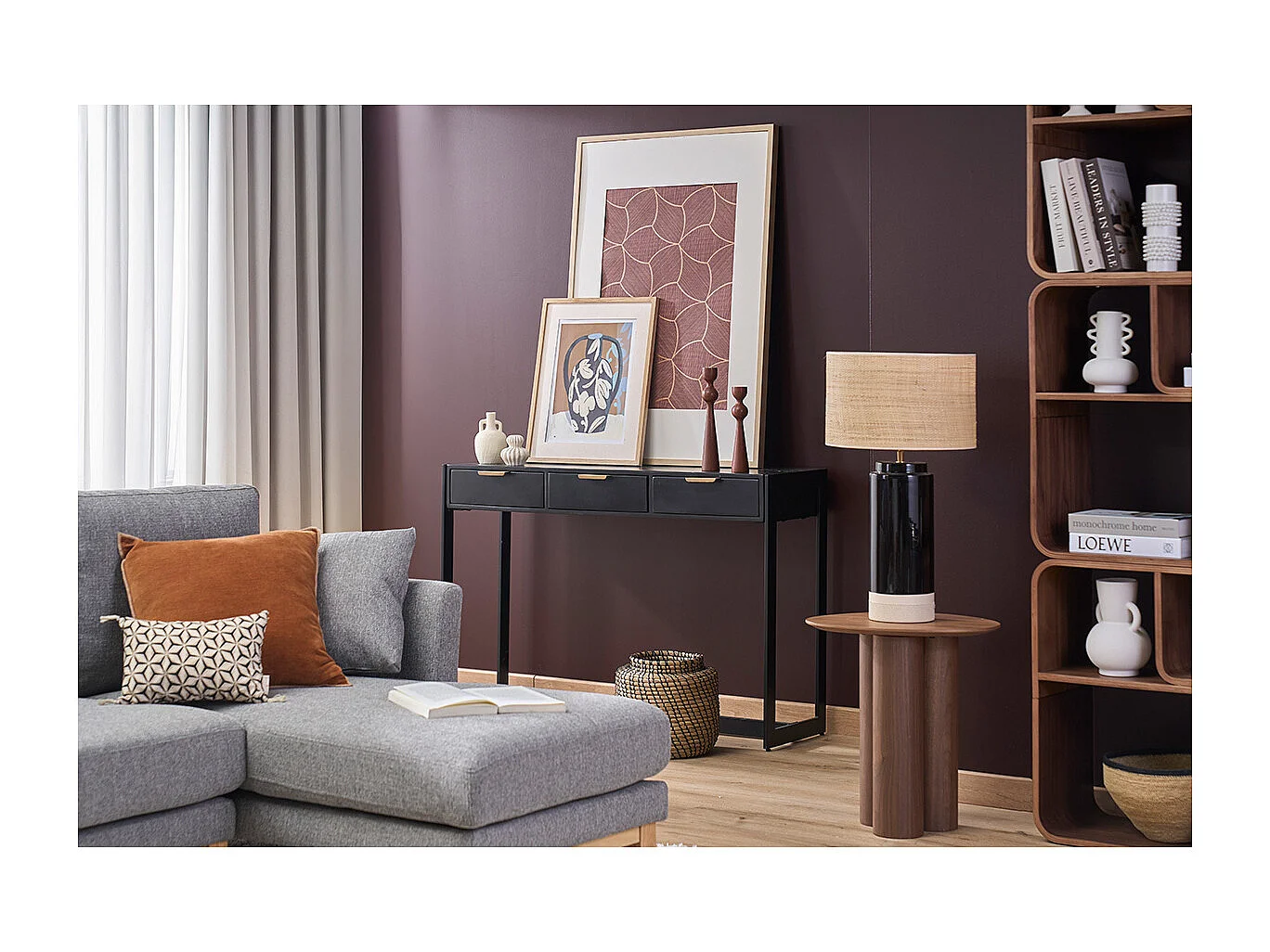Mesa consola de diseño con cajones negros y dorados 115 cm AVIDAN