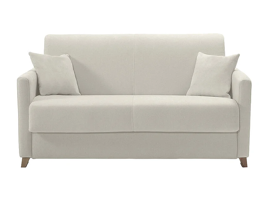 Canapé convertible 2-3 places en tissu beige et bois clair avec matelas 13 cm SKANDY