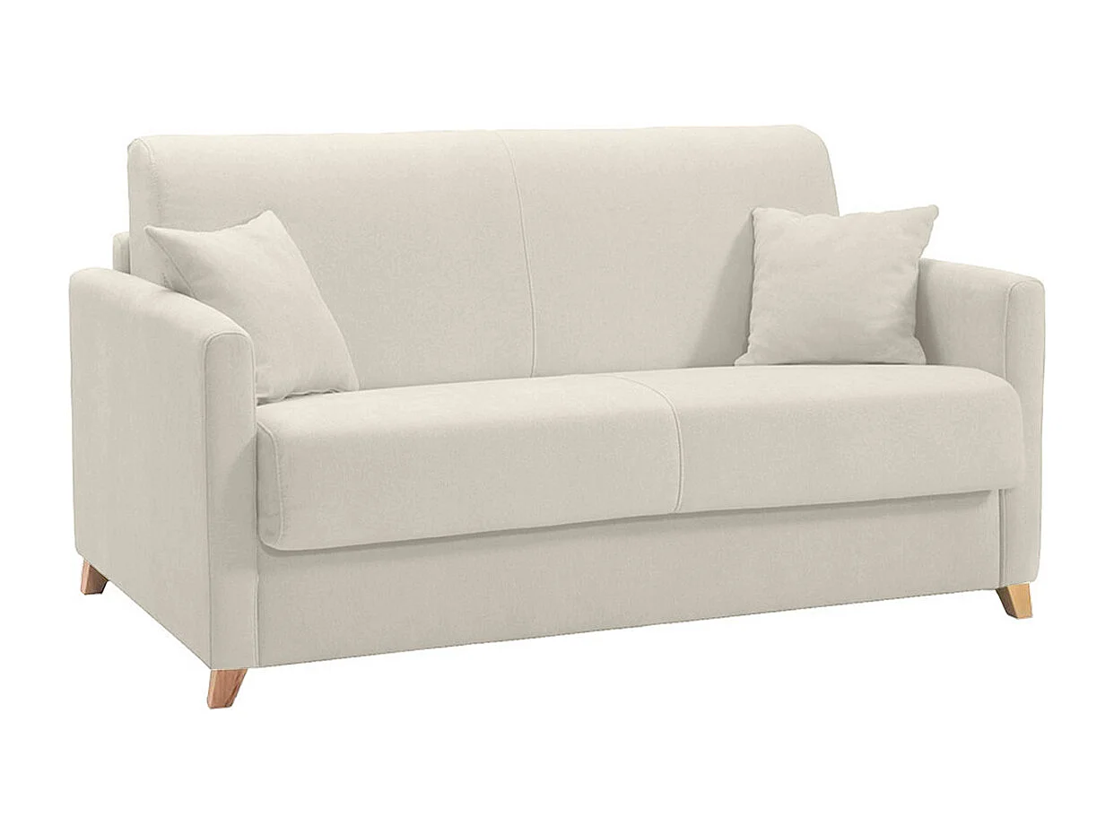 Canapé convertible 2-3 places en tissu beige et bois clair avec matelas 13 cm SKANDY