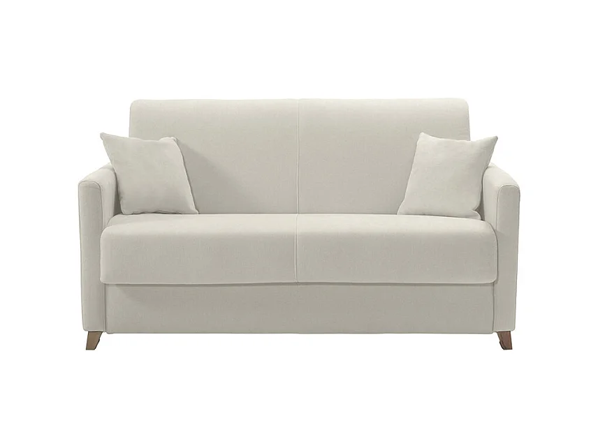 Canapé convertible 2-3 places en tissu beige et bois clair avec matelas 13 cm SKANDY