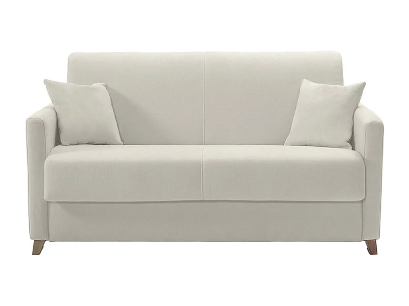 Canapé convertible 2-3 places en tissu beige et bois clair avec matelas 13 cm SKANDY