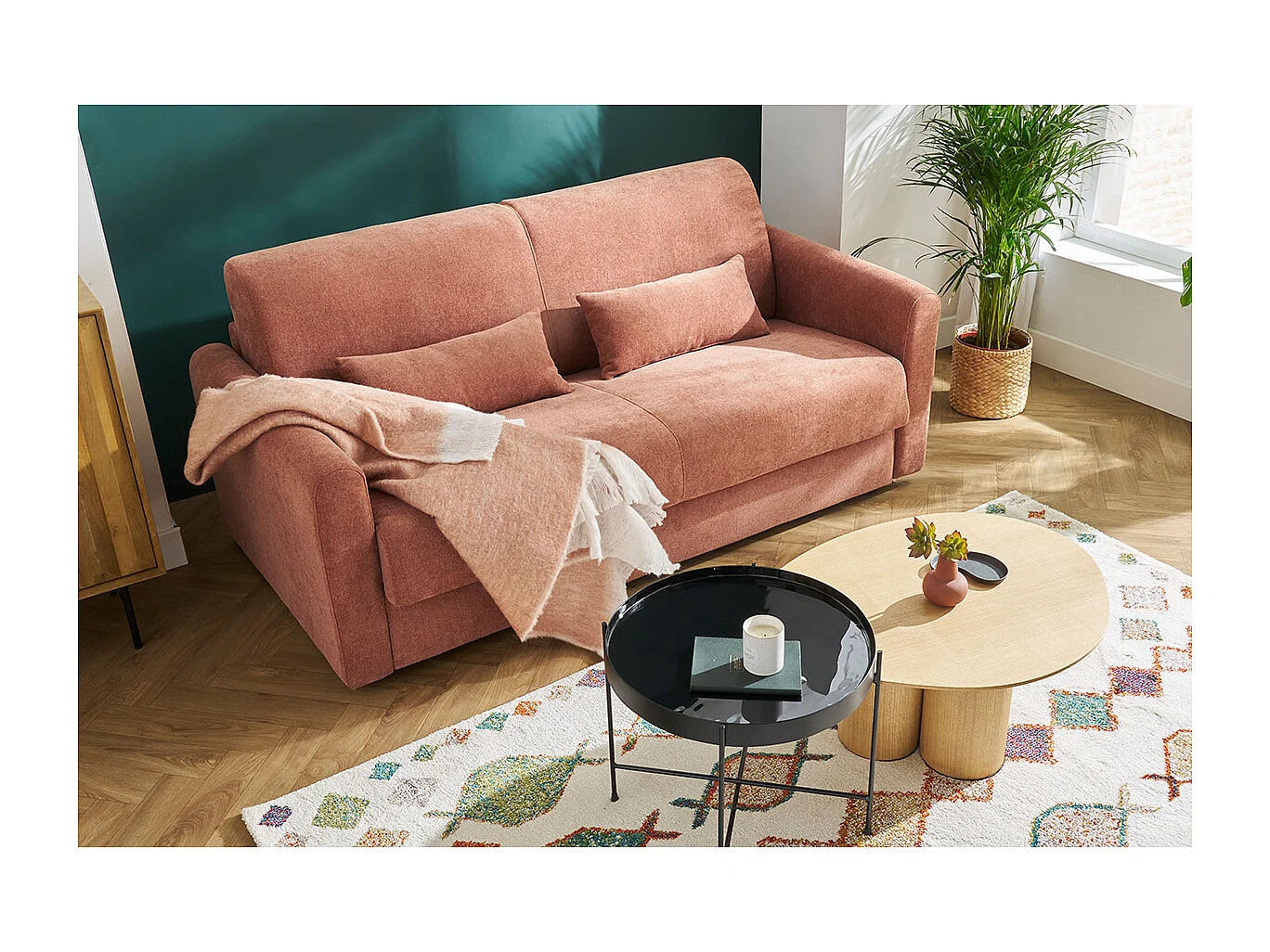 Canapé convertible 3 places en tissu effet velours terre brûlée avec matelas 13 cm LETTO