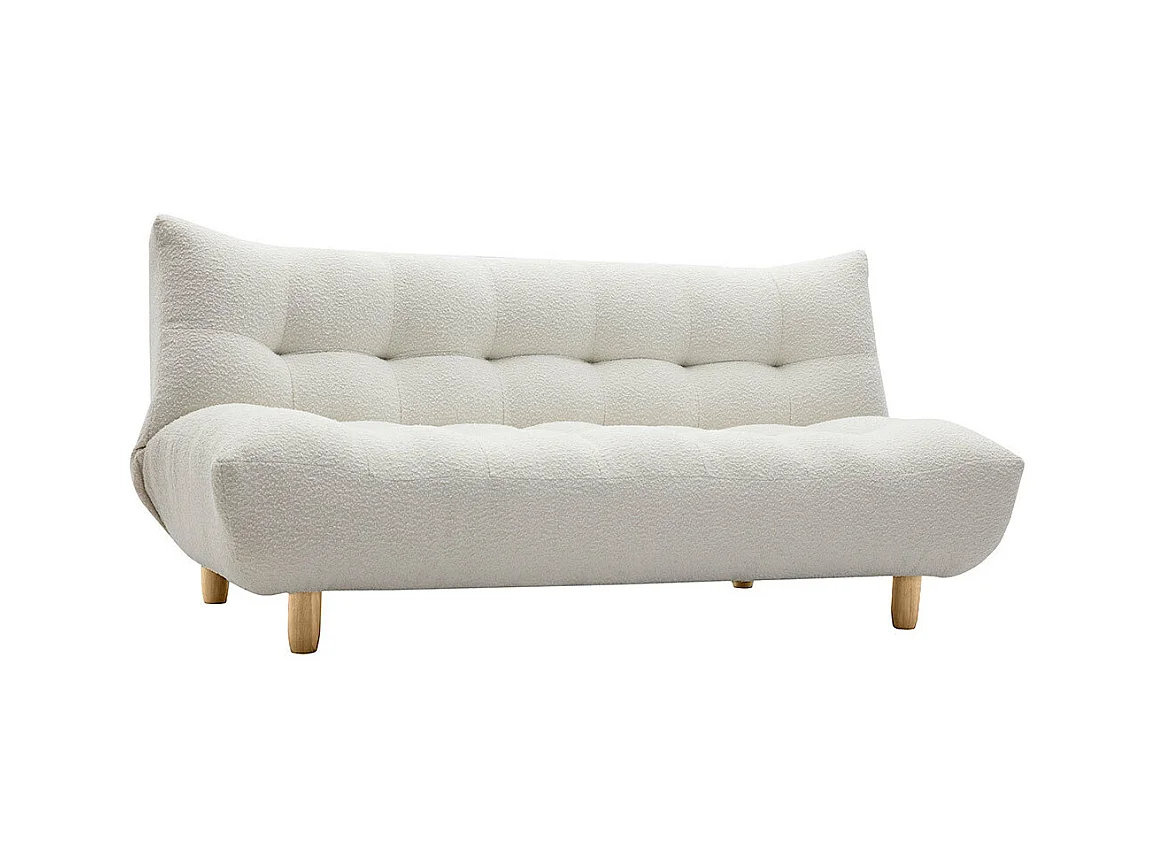 Divano letto scandinavo 3 posti in tessuto effetto lana bouclé bianco e legno chiaro YUMI