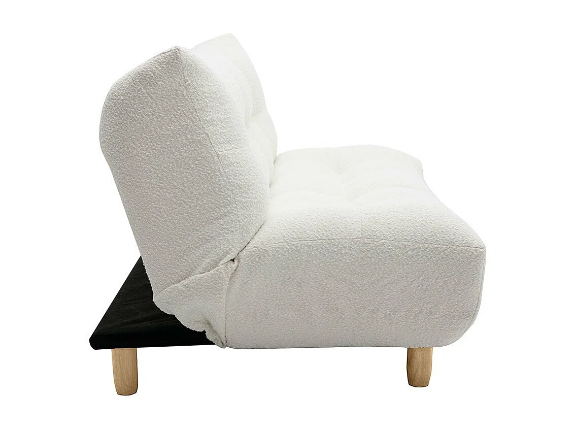 Divano letto scandinavo 3 posti in tessuto effetto lana bouclé bianco e legno chiaro YUMI