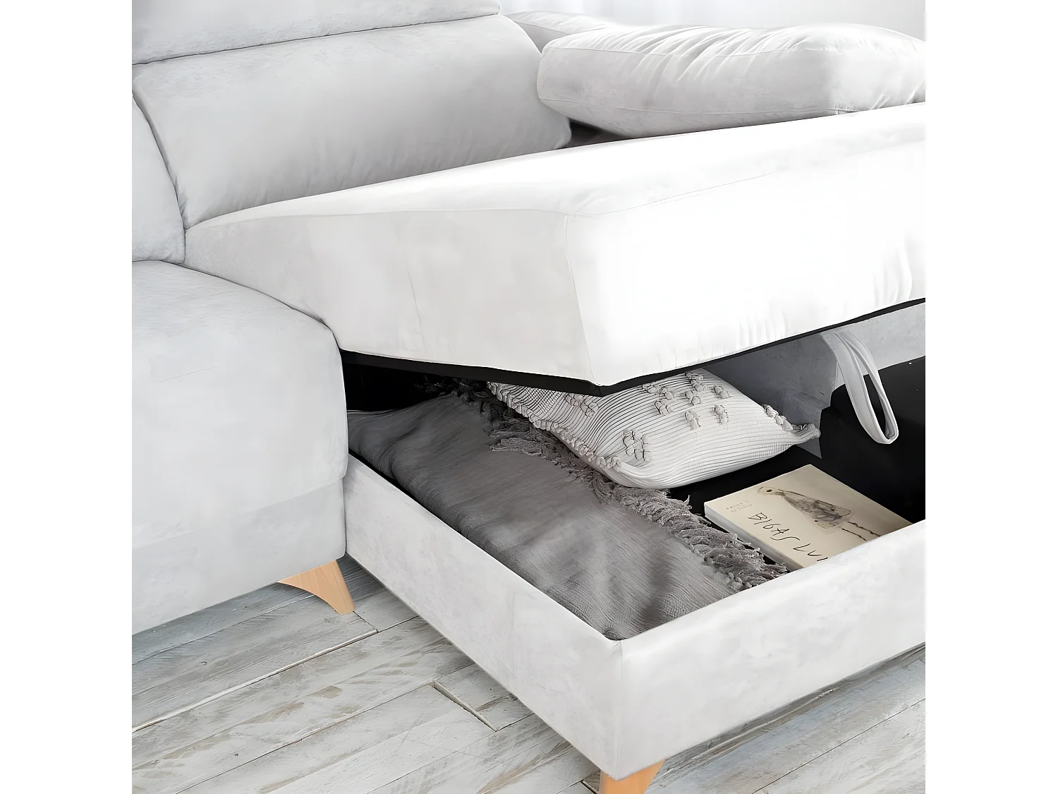 Divano con penisola textile, schiuma di pu, legno e pannello particellare Beige (405) 170x103