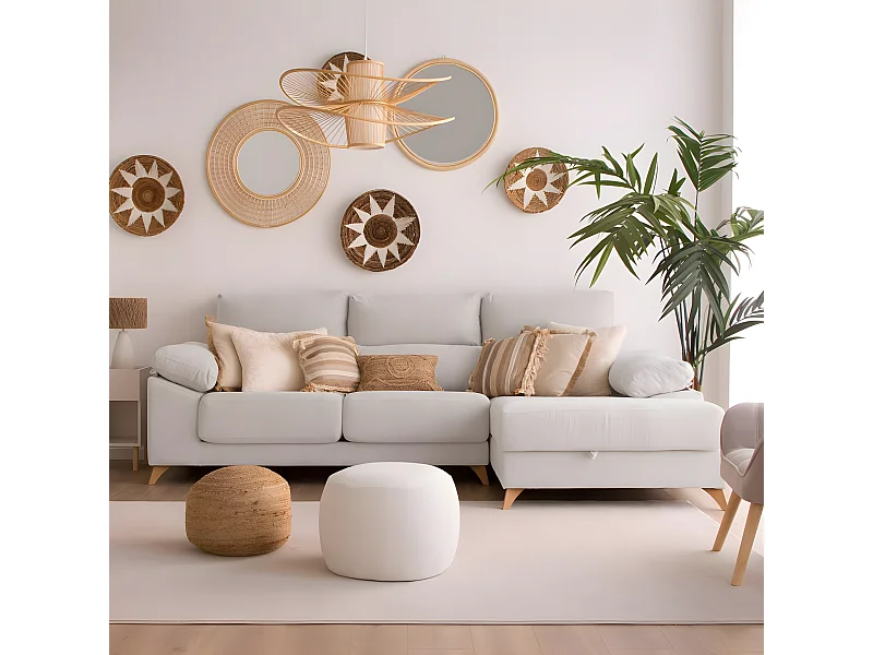 Divano con penisola textile, schiuma di pu, legno e pannello particellare Beige (405) 170x103