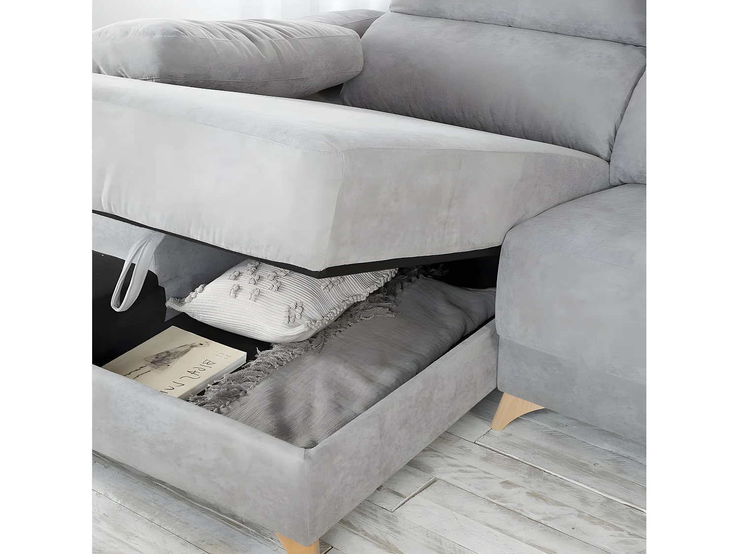 Divano con penisola textile, schiuma di pu, legno e pannello particellare Grigio (406) 170x103