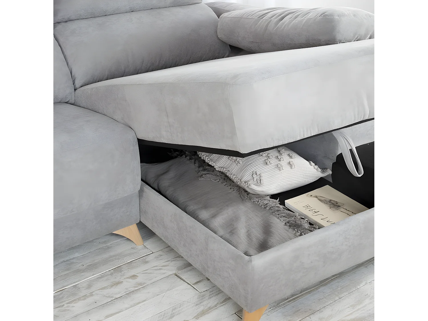 Divano con penisola textile, schiuma di pu, legno e pannello particellare Grigio (406) 170x103