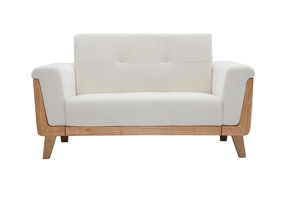 Canapé scandinave 2 places en tissu effet velours blanc cassé et bois clair FJORD