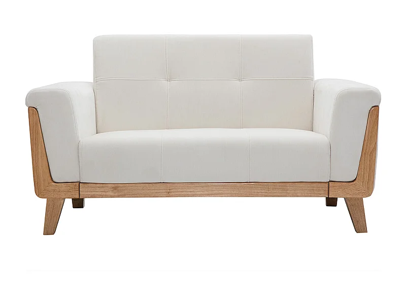 Canapé scandinave 2 places en tissu effet velours blanc cassé et bois clair FJORD
