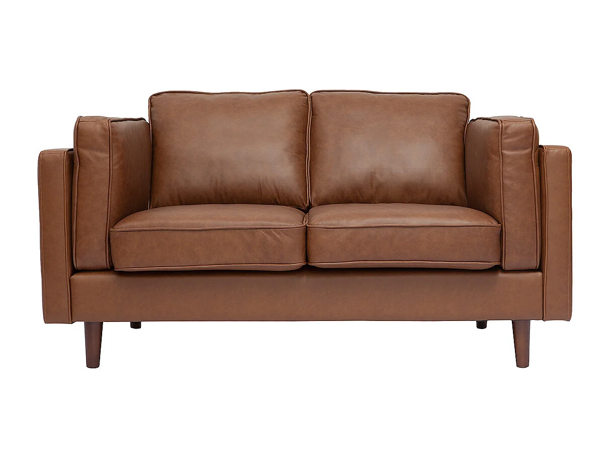 Canapé vintage 2 places cuir marron et bois foncé BRADLEY