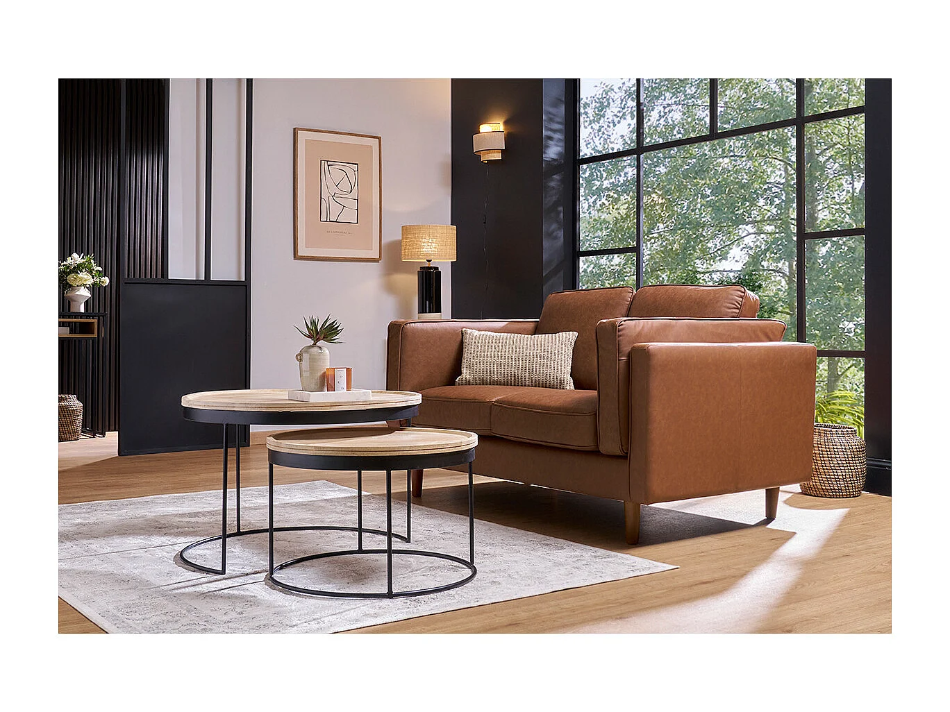 Canapé vintage 2 places cuir marron et bois foncé BRADLEY